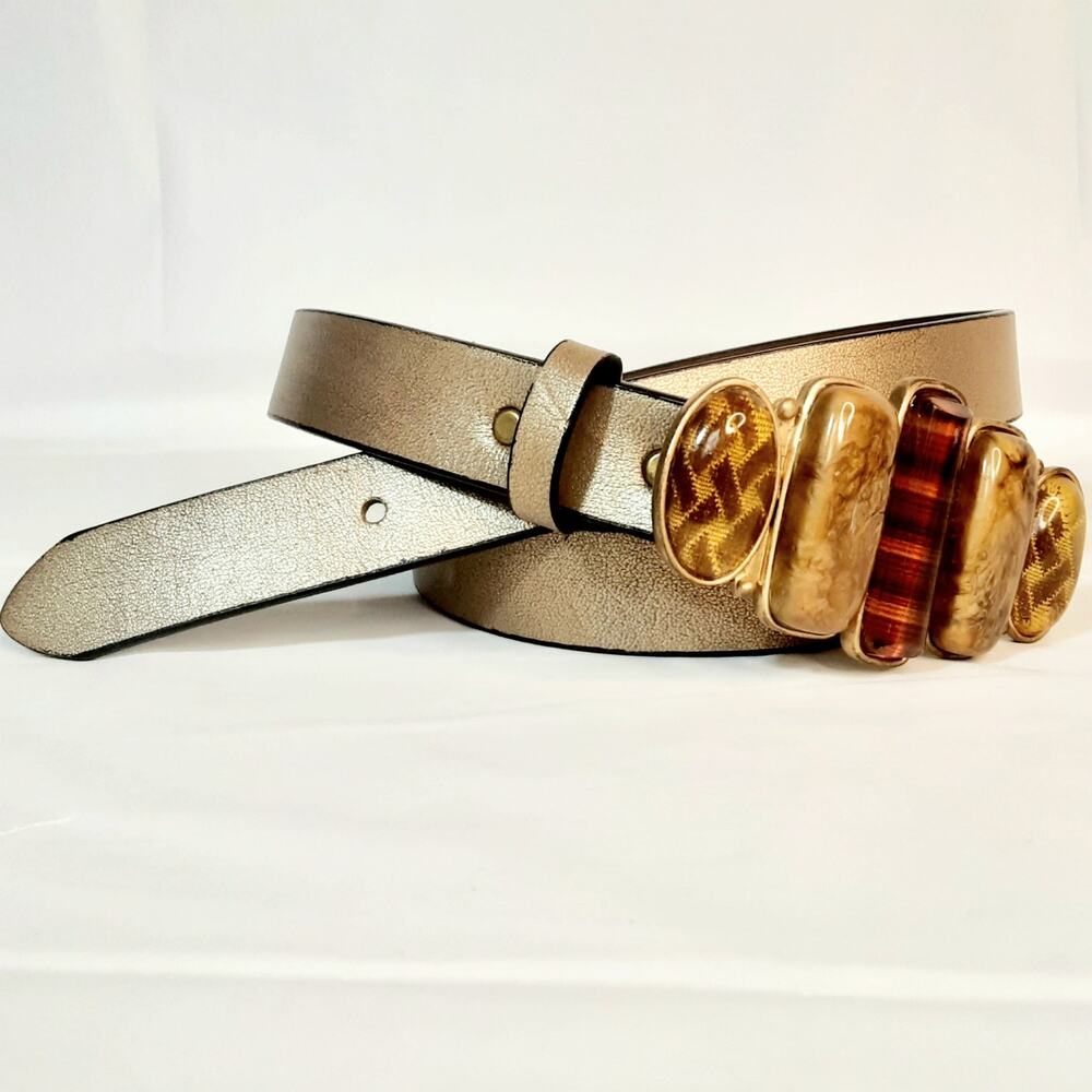 Chicos Womens Metallic Gold Tone Belt Size Large Multi Stone Buckle Boho Chic